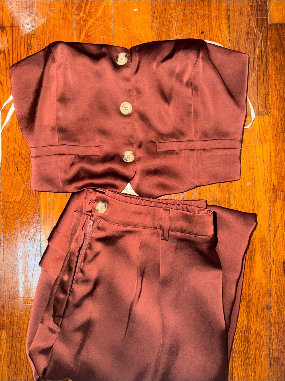 Lulu's Satin Strapless Crop Top & High-Waist Pants Set - Brown